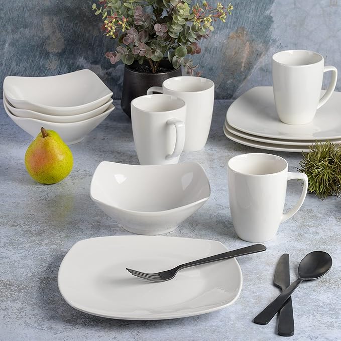 Gibson Home Amelia Court Porcelain Chip and Scratch Resistant Dinnerware set Service for 4 (12pcs) White (Soft Square)