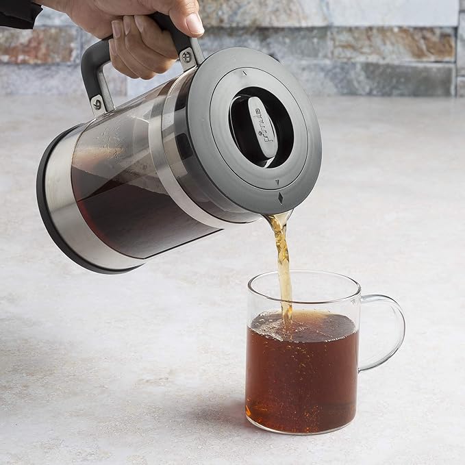 Primula Kedzie Deluxe Cold Brew Iced Coffee Maker Comfort Grip Handle Durable Glass Carafe Removable Mesh Filter 6 Cup Brushed Stainless Steel
