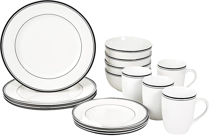Amazon Basics 16-Piece Cafe Stripe Dinnerware Set Microwave and Dishwasher Safe Plates Bowls Mugs Service for 4 Black
