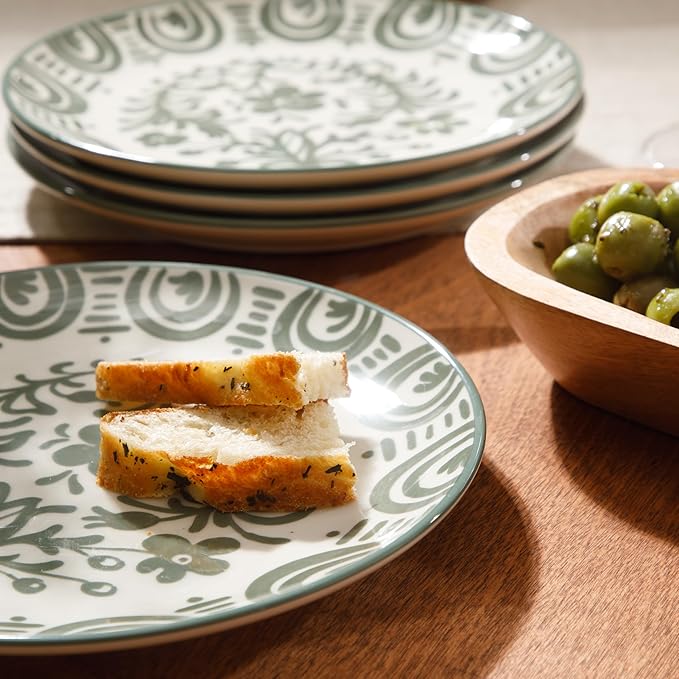 Bloomhouse - 2-Time Oprah’s Favorite Things - Valencia Flor 4 Piece Dessert &amp Salad Plate Set 8.75” Stoneware Plates Mediterranean Floral Decal Design Microwave &amp Dishwasher Safe Fern Gree