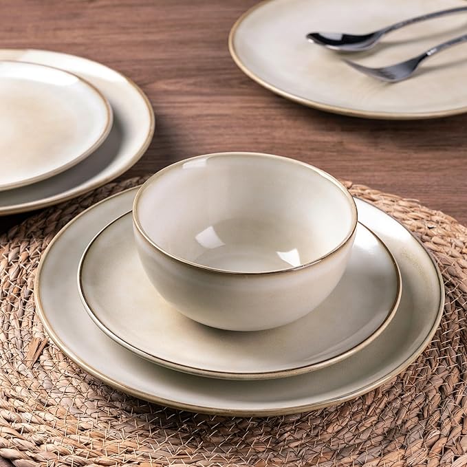 GBHOME Ceramic Dinnerware Sets for 8 24 Pieces Stoneware Plates and Bowls Sets Reactive Glaze Dishes -Scratch Resistant Dishwasher&ampMicrowave Safe-Cappuccino
