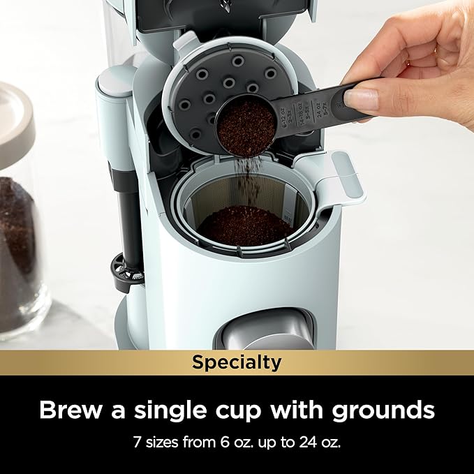 Ninja Pods &amp Grounds Specialty Single-Serve Coffee Maker Compatible with K-Cups Built-In Milk Frother 6-oz. Cup to 24-oz. Travel Mug Sizes Iced Coffee Maker Glacier Blue PB051GB (Renewed)