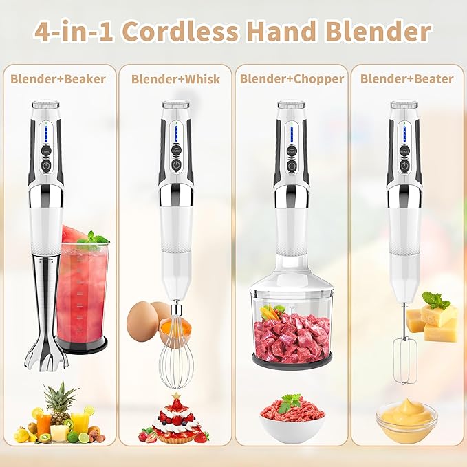 Toogel Cordless Immersion Blender 4-in-1 Electric Hand Blender with 21-Speed &amp 3-Angle Adjust USB Rechargeable BPA-Free &amp Dishwasher Safe for Baby Food Smoothies Soup (White)