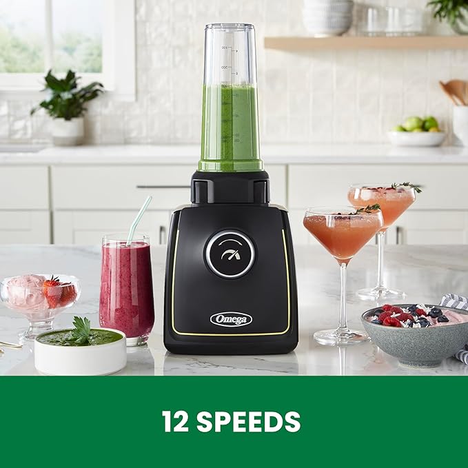 Omega ProForce Blender Professional Grade with Intellidial Technology Includes 20 Built-In Recipes 12 Variable Speeds 7 Pulse Settings and 64-Ounce Pitcher Plus Travel Cup 2HP/1400 Watts Black