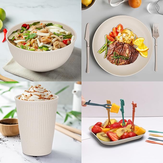 48 Pcs Dinnerware Sets Unbreakable Plates and Bowls Sets Reusable Dinnerware Sets for 4 People Travel Camping Picnic Home Party Cutlery Set Dishwasher Microwave Safe Dishes
