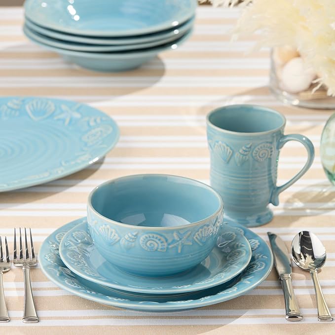 Coastline Blue 16-Piece Stoneware DINNERWARE SETSERVICE for 4with embossed coastal shells and starfish durable sea-blue tableware for relaxed coastal living everyday meals