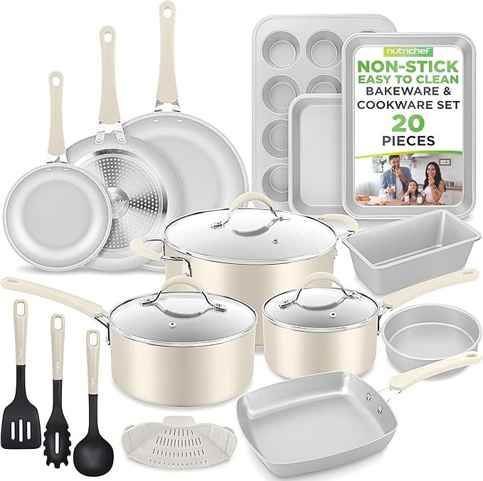 NutriChef 20-Piece Non-Stick Bakeware and Cookware Set - Utensils Including Pots and Baking Pans Made with Durable Aluminum Tempered Glass Lids Heat-Resistant Utensils Easy-Clean Design (White)