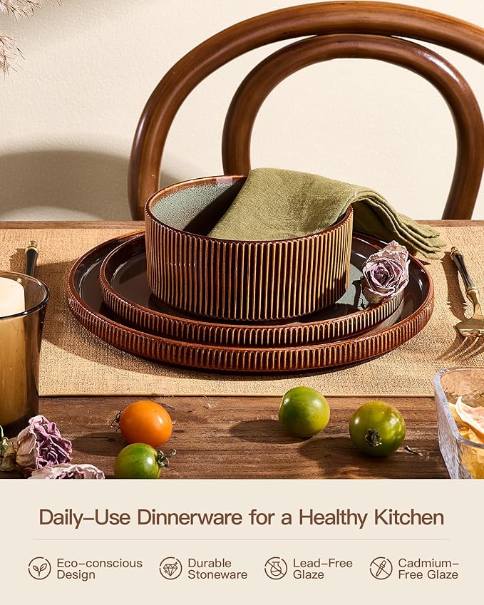 Stoneware Plates and Bowls Dishes Sets Service for 6 (18-Piece) Famiware Premium Handcrafted Reactive Glaze Dinnerware Set with Raised Rim Scratch Resistant Microwave Dishwasher Safe Moss Cocoa