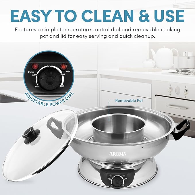 Aroma Stainless Steel Hot Pot Silver (ASP-600) 5 quart