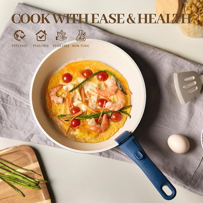 23Pcs Ceramic Cookware Set Non Stick Pots and Pans Set Non Toxic with Detachable Handle Induction Kitchen Cookware Set Space Saving Oven &amp Dishwasher Safe Navy