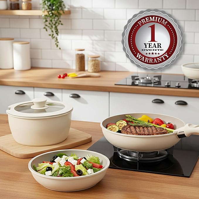 OVENTE 5Pcs Ceramic Pots and Pans Set Non Stick Induction Cookware with Lid Detachable Handle Non-toxic Kitchen Sauce Pots for Home or RV PFOA Free Stackable and Dishwasher Safe Cream CWAD01005C