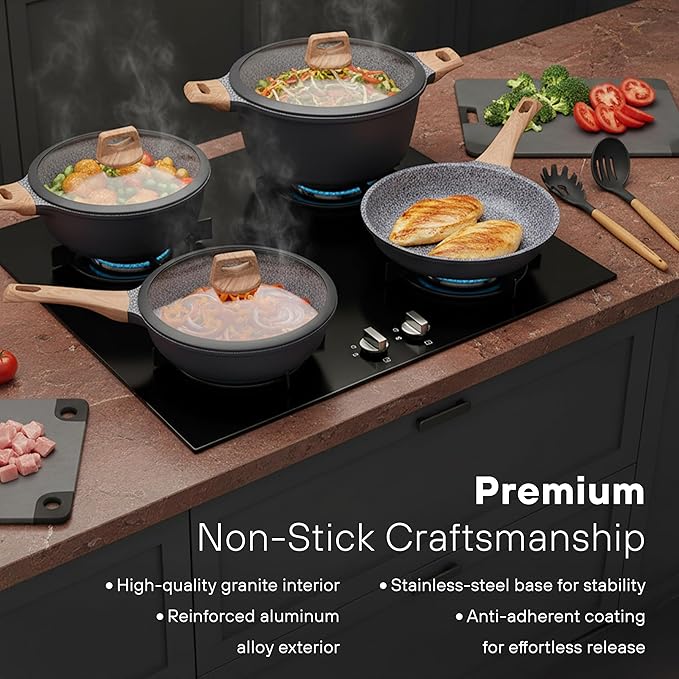 KOCHSTELLE 7-Piece Granite Cookware Set with Lids | Non-Stick Aluminum Pots and Pans Set with Wood Handles | Ceramic Pan Set + 3-Piece Silicone Utensils | Durable Cooking Set
