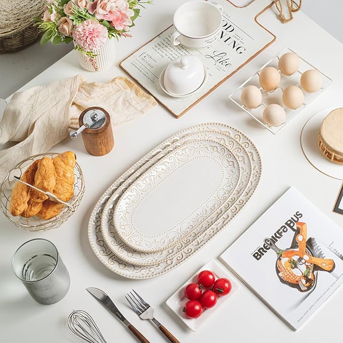 Serving Platters Set 14/12/10 Oval Ceramic Serving Plates Embossed Serving Trays for Party Oven Dishwasher Safe Vintage White Serving Dishes for Entertaining Appetizers Pasta Sushi