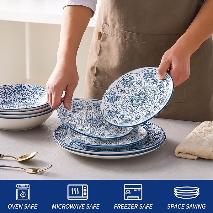 Bestone Porcelain Dinnerware Sets Service for 4 12 pcs Hand drawn Plates and Bowls Sets Handmade Ceramic Dish Set Chip Resistant Modern Plate Set Dishwasher/Microwave SafeVintage Blue