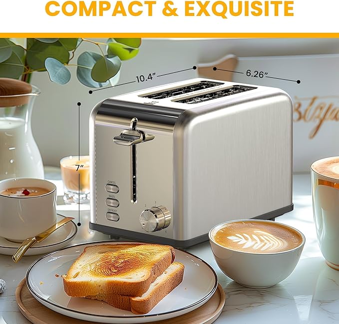 Simple Deluxe 2-Slice Stainless Steel Toaster Extra Wide Slot Toaster &amp Removable Crumb Tray with 6 Browning Setting and 3 Function for Bread &amp Waffle Silver