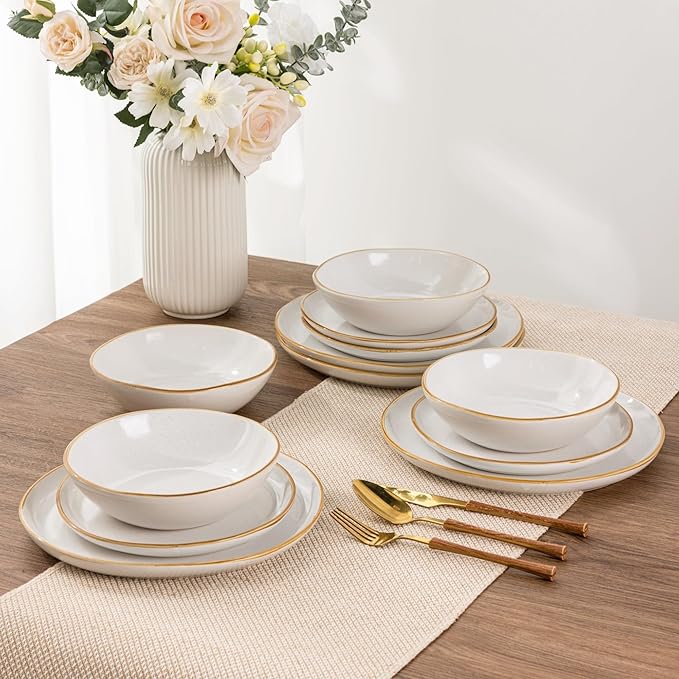 AmorArc Ceramic Dinnerware SetsHandmade Reactive Glaze Stoneware Plates and Bowls SetsHighly Scratch Resistant | Dishwasher &amp Microwave Safe Dishes SetService for 4 (12pc)