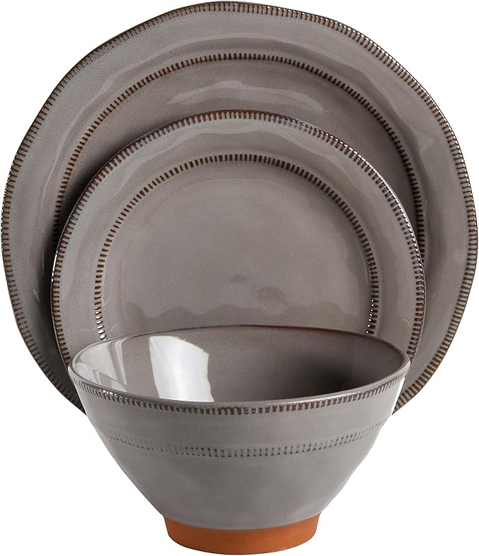 Gibson Elite Terranea Round Reactive Glaze Terra Cotta Dinnerware Set Service for Four (12pcs) Grey