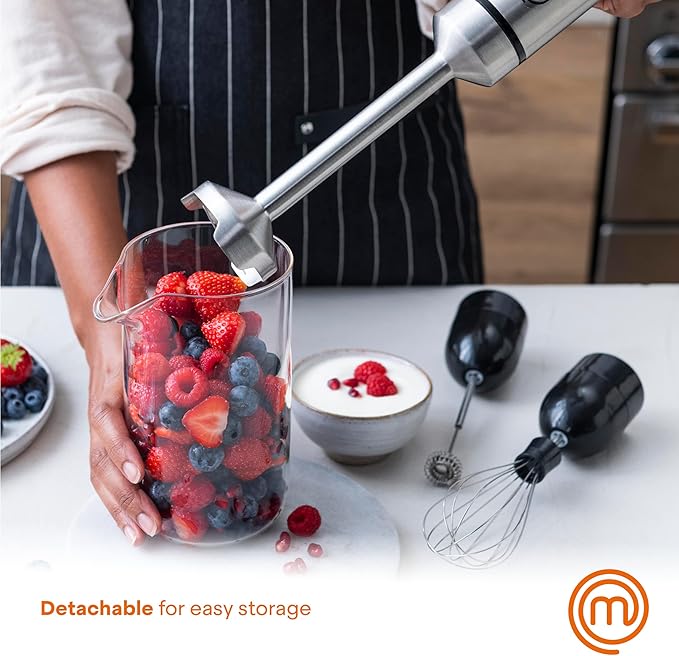 MasterChef Immersion Blender Handheld with Electric Whisk &amp Milk Frother Attachments Hand Held Stainless Steel Stick Emulsifier for Making Baby Food Soup Puree Cake Cappuccino Latte etc 400