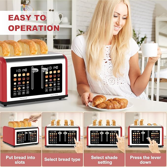 4 Slice Toaster Touch Screen Stainless Steel Toasters Digital Timer Dual Control Panel Toasters 8 Shade Settings 6 Bread Types for Bagel Cancel Defrost 1650W Red