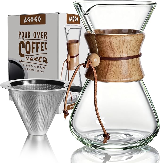 AGOGO Pour Over Coffee Maker Glass - 8 Cup Barista Kit with 304 Stainless Filter for Home Office Camping Cafes - Easy Clean Coffee Dripper Set (Soft Towel&ampBrush) (8 Cup/28 oz-Slim Shape)