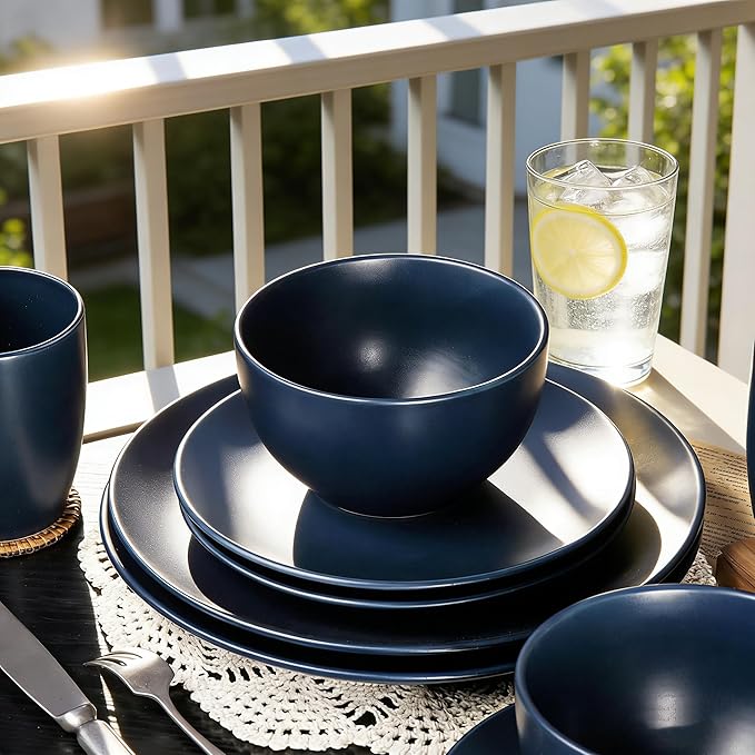 wocaxc16-Pieces Stoneware Dinnerware Set Kitchen Dinnerware Ceramic Crockery Set Dinner Service Set for 4 Include Dinner Plate Dessert Plate Cereal Bowl and Mug. (navy blue)