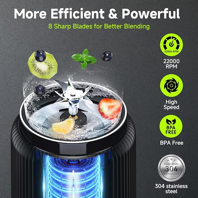 COKUNST Portable Blender Small Smoothie &amp Shake Maker with 8 Blades Compact Personal Blender with LED Display USB C Rechargeable Juice Mixer with Extra Lid for Travel Gym Home 17oz Black