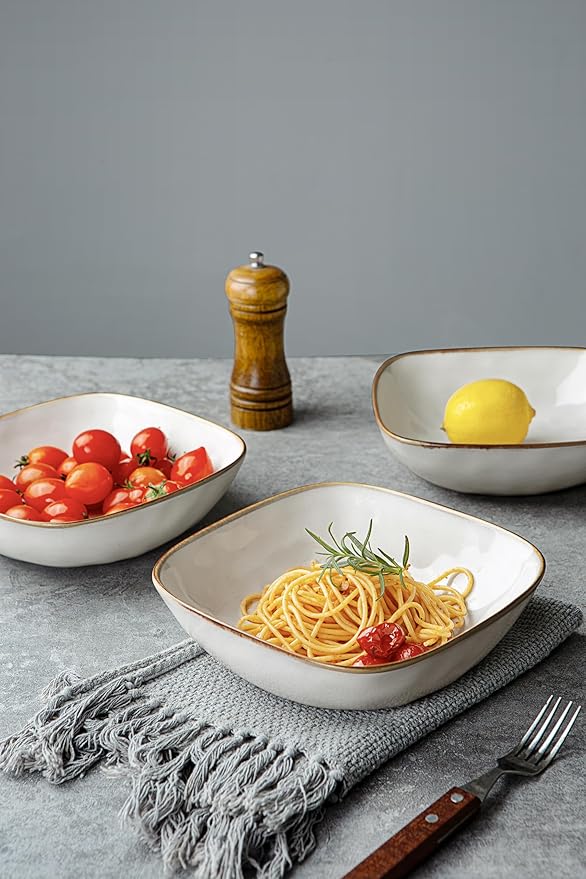 Famiware Ocean Square Plates and Bowls Sets for Kitchen 16-Piece Dinnerware Sets for 4 Reactive Glaze Cappuccino White