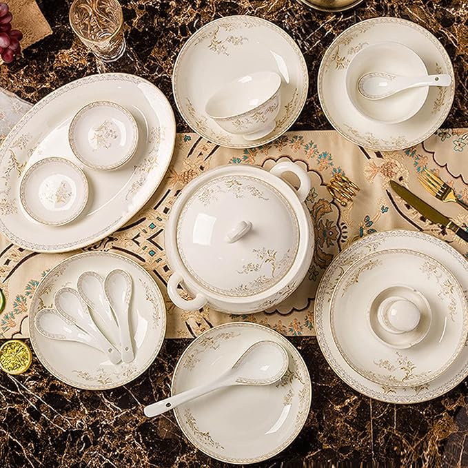 Ceramic Dinnerware Set Retro Style Beautiful Gold and White Porcelain Combination Set for Household Dinner Wedding Hotel