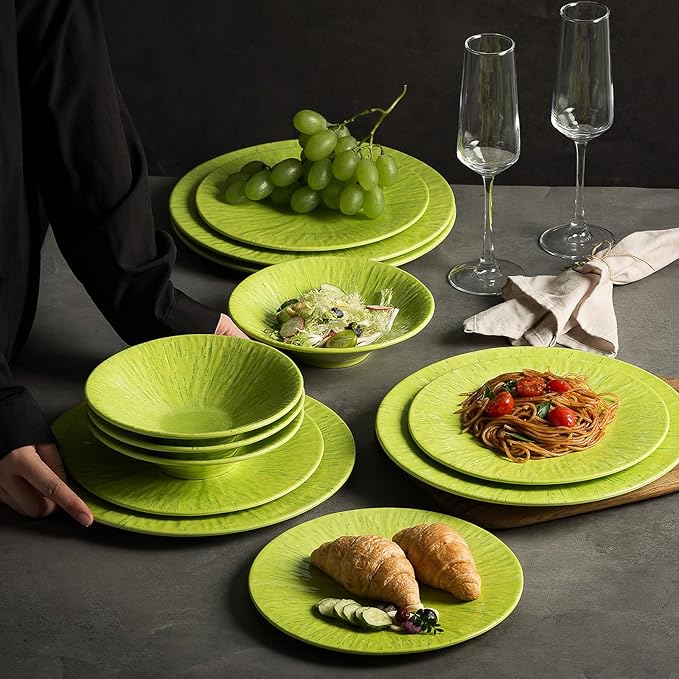 MissYIP 12 Pcs Melamine Dinnerware Set - Unbreakable Melamine Dish Set Setervice for 4Dishwasher Safe Melamine Plates and Bowls - Ideals for Party CampingIndoor and Outdoor Use(Light Green)
