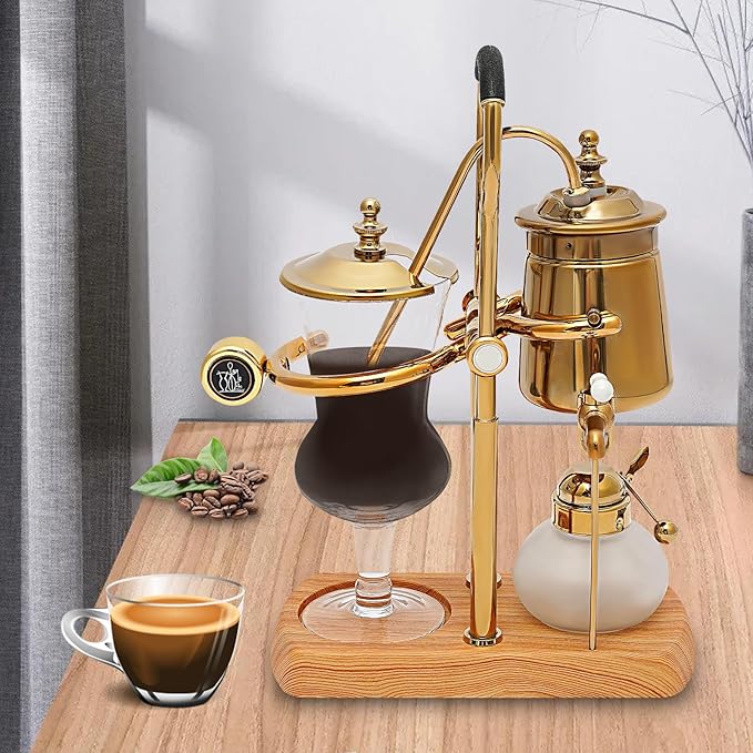 Siphon Coffee Maker Belgium Royal Family Balance Syphon Unique Gravity Vintage Coffee Maker 13.53Oz Elegant Double Ridged Fulcrum with Tee Handle - Gold