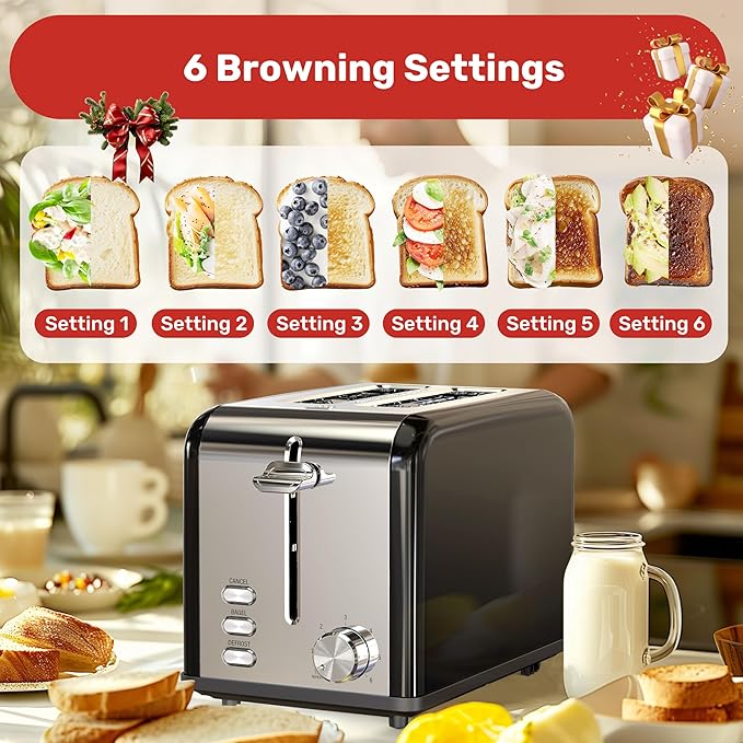 YSSOA Stainless Steel Toaster 2 Slice with Extra Wide Slot &amp Removable Crumb Tray 6 Shade Settings and Bagel/Defrost/Cancel Functions Compact Oven for Various Bread &amp Waffle Black (Pack of