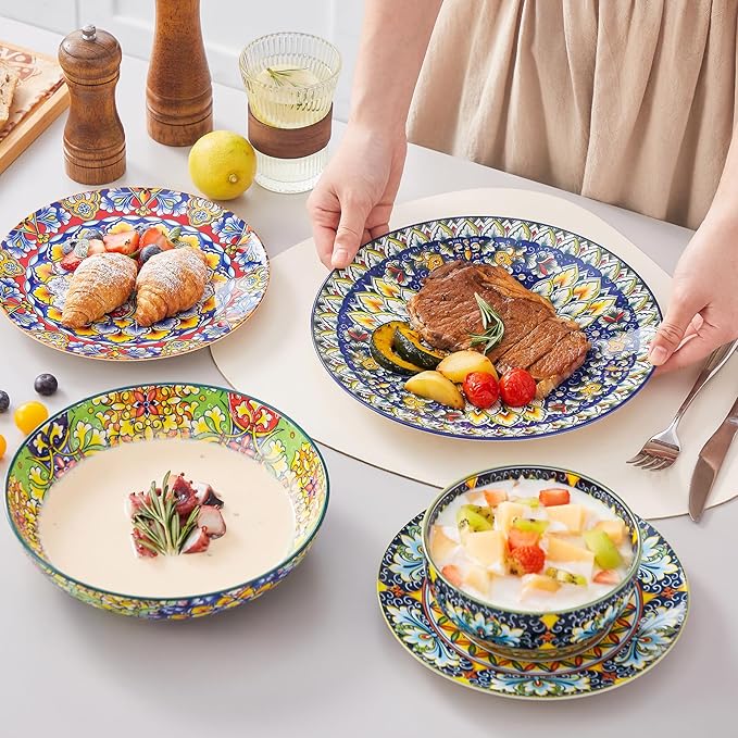 vancasso 24 Pieces Dinnerware Sets Plates and Bowls Set Porcelain Dishes Set for 6 Microwave and Dishwasher Safe Scratch Resistant Bohemian Style Dining Ware Service for 6 Series SIMI