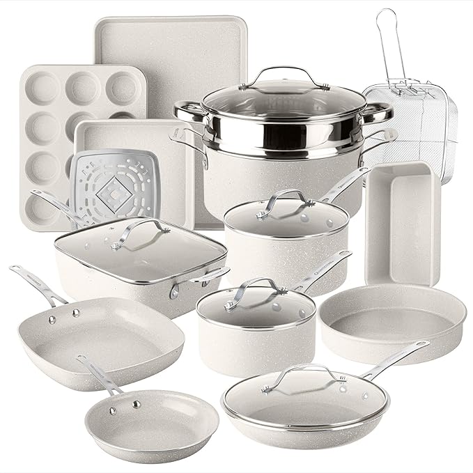 Granitestone Ceraluxe 20 Pc Ceramic Cookware Set Nonstick Complete Pots and Pans Set Non Stick with 5 Pc Bakeware Set Deep Frying Pan Set &amp Steamer Non Toxic PFOA Free Oven &amp Dishwasher S