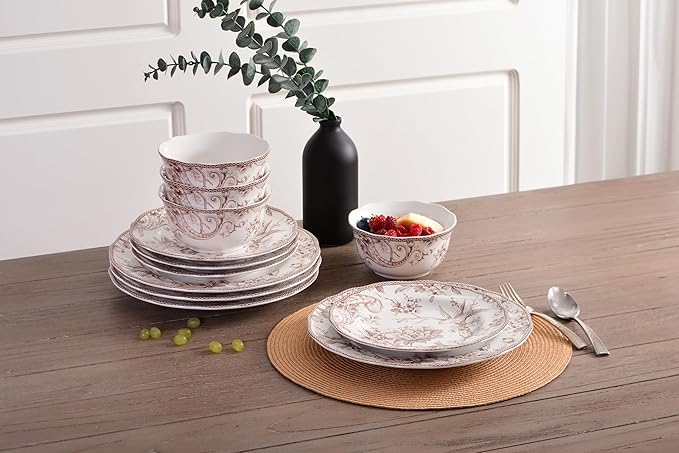 222 Fifth Adelaide Brown on White 12-Piece Dinnerware Set – Service for 4 Big Dinner Plates and Bowls SetsDurable Porcelain Microwave and Dishwasher Safe for Everyday Dining &amp Entertainment