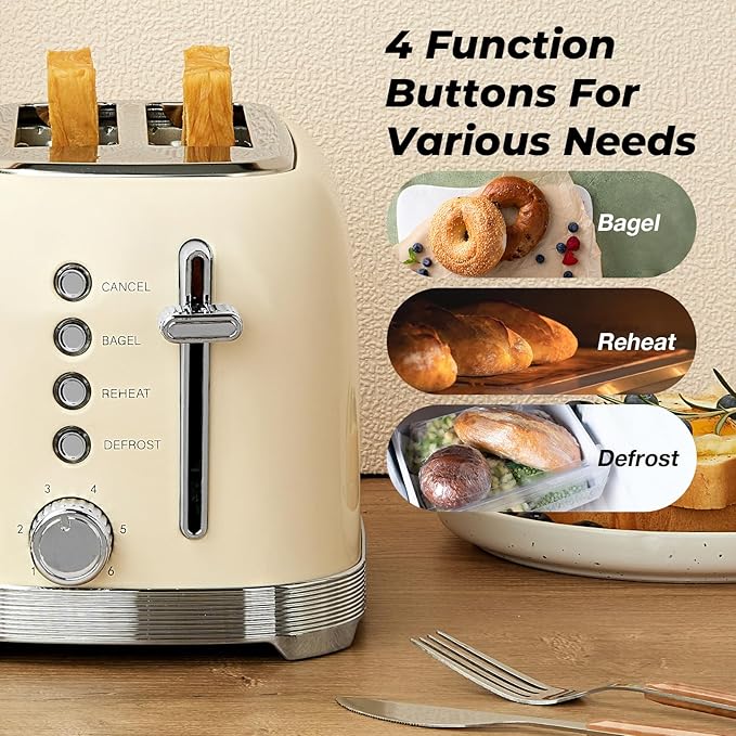 Toaster 2 Slice Retro Stainless Steel with 1.5” Extra Wide Slots Bagel Defrost Reheat Cancel Functions 6 Bread Shade Settings Removable Crumb Tray Cream White
