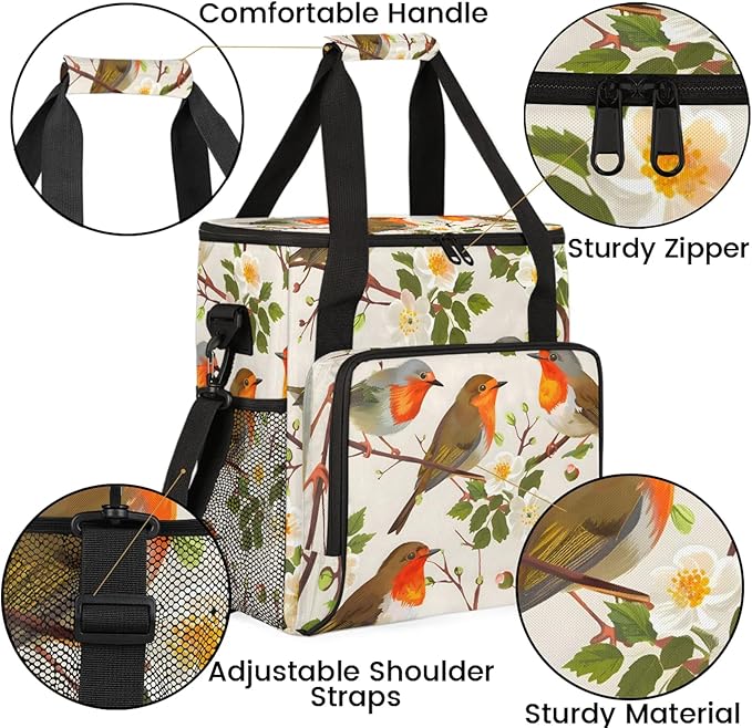 Floral Bird Coffee Maker Carring Bag Large Insulated Storage Organizer Case Tote Bags with Shoulder Strap for Travel Work Picnic