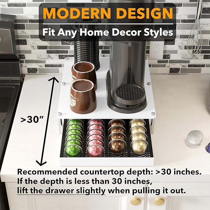 SpaceAid Bamboo Coffee Pod Holder Drawer Storage Compatible with Nespresso Vertuo Capsules Coffee Station Accessories Holder Organizer Tray Compatible with 40 Big or 56 Small Pods White