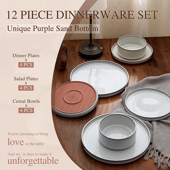 Vesteel 12-Piece Dinnerware Set Ceramic Plates and Bowls Sets Healthy Yixing Purple Clay Dishes Set Elegant &amp Durable Tableware Dishwasher &amp Microwave Safe - Moonlight White