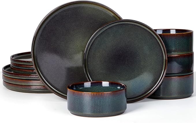 Vesteel Dinnerware Set for 4 12-Piece Stoneware Ribbed Dishes with Reactive Glaze Ceramic Plates and Bowls Set for Home Restaurant Chip &amp Scratch Resistant - Blackish Green