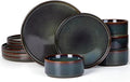 Vesteel Dinnerware Set for 4 12-Piece Stoneware Ribbed Dishes with Reactive Glaze Ceramic Plates and Bowls Set for Home Restaurant Chip &amp Scratch Resistant - Blackish Green