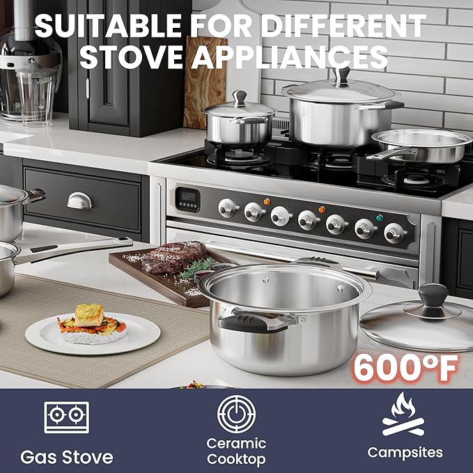 Stainless Steel Cookware Set 12-Piece Nonstick Stainless Steel Pan Set D5-Ply Base for Even Heating Dishwasher Safe Vented Glass Lids Heavy-Duty Especially for Home &amp Beginner Cooking
