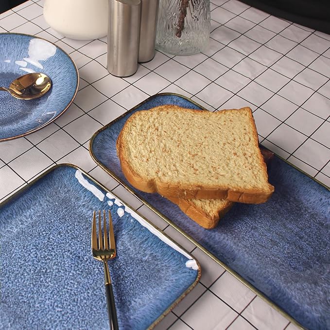 Ceramic Dinner Plates Dish SetSet of 4 for Lunch snacks - Microwave Oven &amp Dishwasher SafeScratch Resistant Dinnerware Kitchen Porcelain Serving DishesBlue 12.4 Inch Rectangle plate