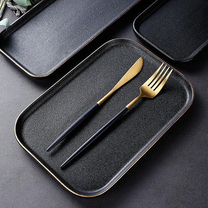 Porcelain Square Dinnerware Set 3 Pcs Fine China Plates With Gold Edge Matte Black Includes Pasta And Seafood Plates Plate Set