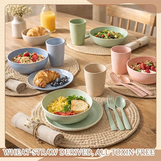 Zhehao 72 Pcs Wheat Straw Dinnerware Sets for 12 Dishwasher Microwave Safe Unbreakable Reusable Kitchen Cups Plates Bowls Cultery Sets for Patio Outdoors Rv Camping Dishes
