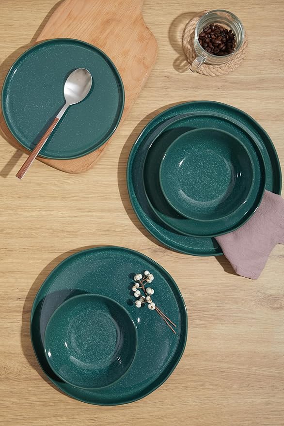 Ceramic Dinnerware Set for 4Reactive Glaze Plates and Bowls SetsMicrowave SafeChip-Resistant Dish SetPerfect for Modern DiningFarmhouse Style (Forest Green Service for 4 (12pcs))
