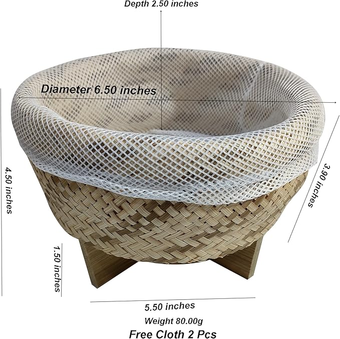 Sticky Rice Steamer Basket with Stand – 6.5 Diameter Bamboo Handmade Rice Steaming Basket – Includes 2 Free Cheesecloths – Thai Style Traditional Rice Cooker