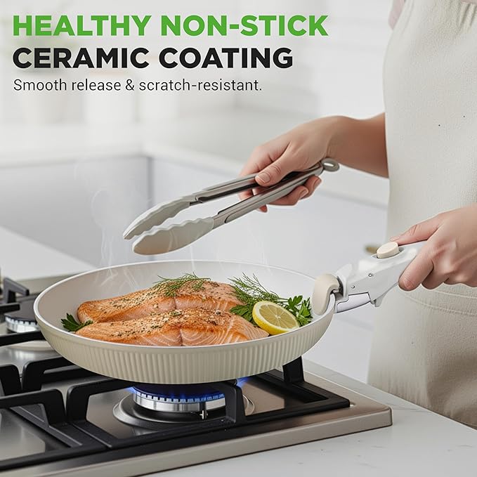 NutriChef 18-Piece Ceramic Cookware Set with Detachable Handles Non Stick Pots and Pans PTFE-Free Natural Ceramic Coating Space-Saving Design Oven &amp Stove Safe Includes Utensils Green