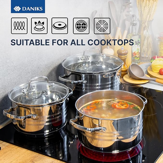 Daniks Tokio Stainless Steel Stock Pot 2 Quart with Glass Strainer Lid Induction Ready Dishwasher Safe Measuring Scale Silver