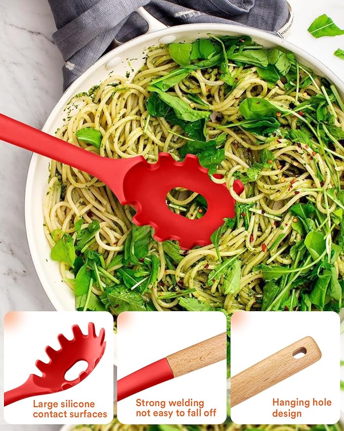 Kitchen Utensils Set 13PCS Silicone Cooking Utensils Heat Resistant Kitchen Utensil Spatula Set for Nonstick Cookware Wooden Handles Kitchen Gadgets Tools Set (RED)
