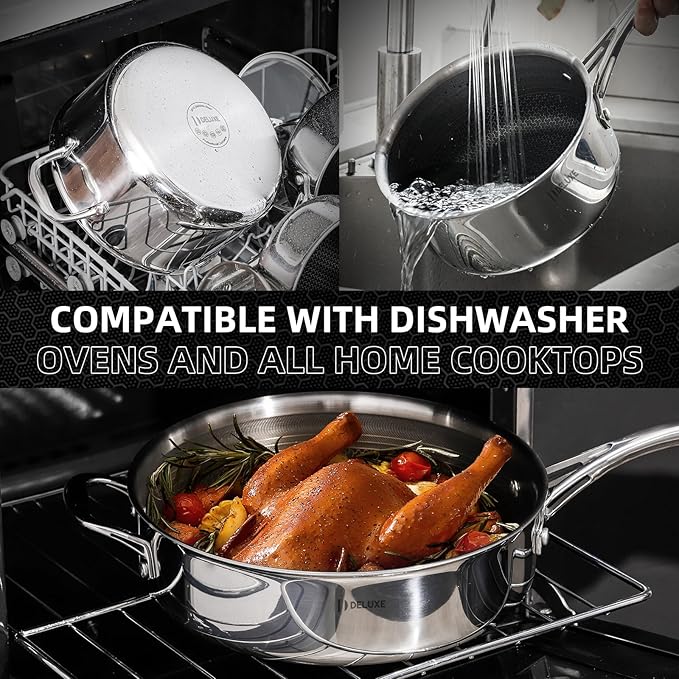 Deluxe 13 Piece Hybrid Ceramic Nonstick Stainless Steel Cookware Set-5 Piece Frying Pan Set 6 PC Pot Set 3.7QT Deep Sauté Pan&ampLid Induction Ready Stay Cool PFOA Free Compatible with All Cookt